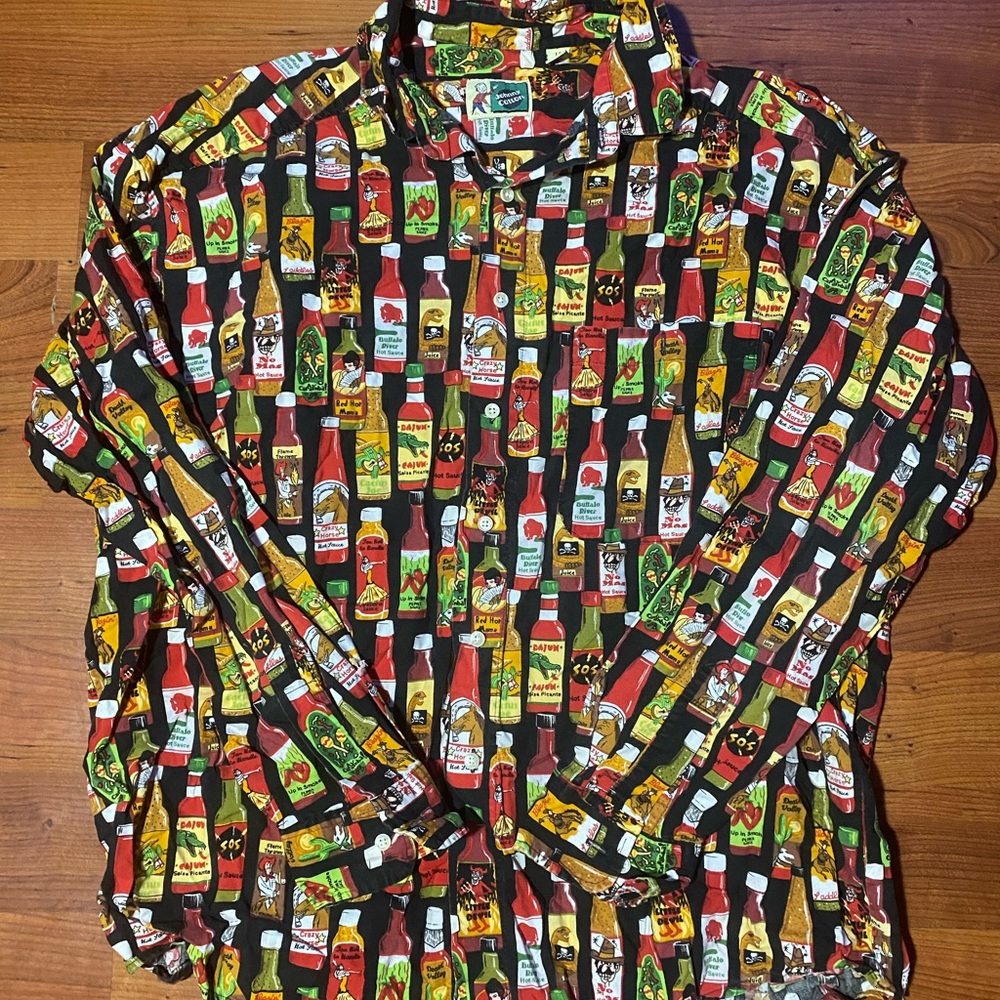 Sauce Bottle Print Long Sleeve Button Down Shirt Mens Large
